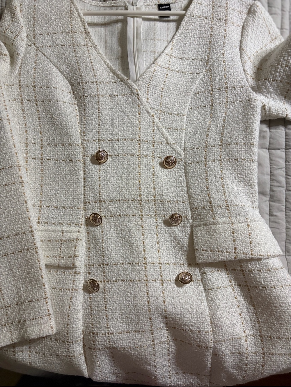 SHEIN Cream Tweed Double-Breasted Peplum Mini Dress with Gold Buttons